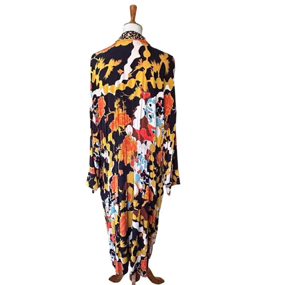 Free People Wild Nights Mixed Print Floral Leopard Duster Kimono L
